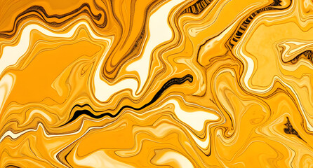 Abstract liquid marble background. Swirling golden brown, white, and black fluid paint patterns. Glossy oil slick effect