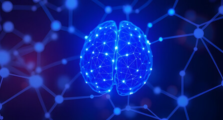 Abstract neural network visualization background. Glowing blue digital brain nodes