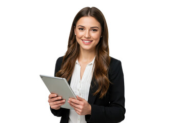 A cheerful woman with long brown hair, wearing a black blazer over a white blouse, holding a tablet and standing