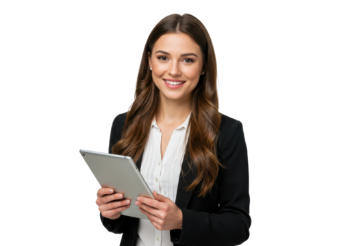 A cheerful woman with long brown hair, wearing a black blazer over a white blouse, holding a tablet and standing