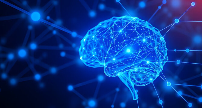 Abstract neural network visualization background. Glowing blue digital brain nodes