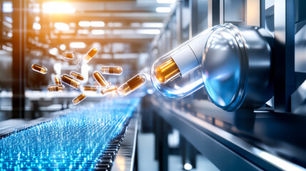 A robotic arm efficiently places capsules on a conveyor belt in a modern manufacturing facility, showcasing automation and precision in production.