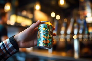 Hands can hold a craft beer can in a bar close-up photography warm atmosphere inviting environment lifestyle concept