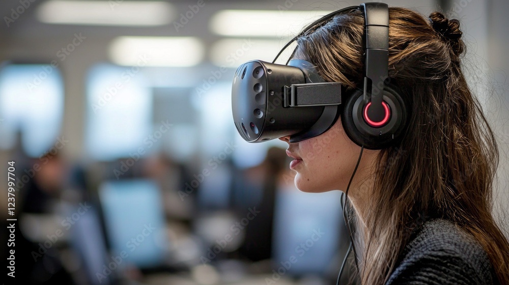Poster a professional deeply immersed in virtual reality technology, wearing a high-tech headset and headph