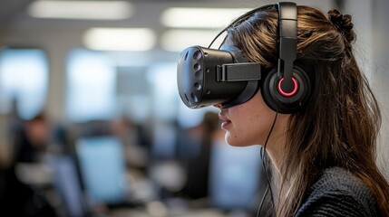 A professional deeply immersed in virtual reality technology, wearing a high-tech headset and headphones, surrounded by a contemporary office environment filled with computers