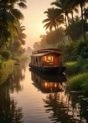 Obraz premium Houseboat sailing amidst the lush greenery of Kerala backwaters at sunset, water, lush