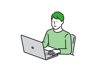 パソコンで仕事する私服の男性