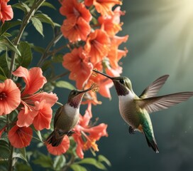 Naklejka premium Hummingbird sipping nectar from a trumpet-shaped flower in full bloom, trumpet vine, ornithology