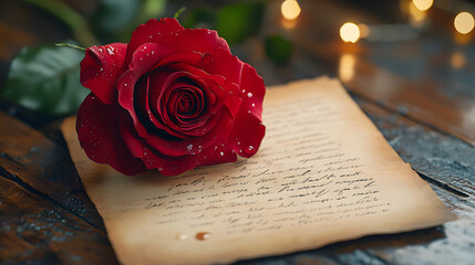 A red rose is placed on top of a piece of paper with cursive writing. The rose and the writing evoke a sense of romance and love, as the rose is often associated with these emotions