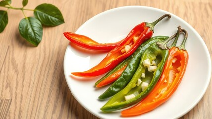 Hungrian wax pepper slices on white plate, flat lay, food, ingredients