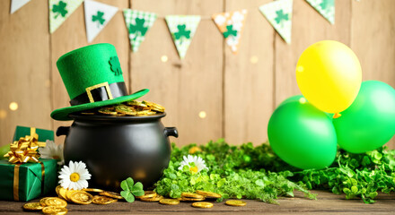 Festive St. Patrick's Day Scene with Pot of Gold, Shamrocks, and Green Hat.St. Patrick's Day concept