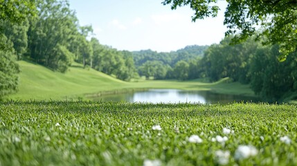 Serene golf course pond, lush green hills, sunny day