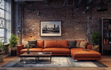 Fototapeta premium Cozy loft-style interior featuring a leather sectional sofa, exposed brick walls, and industrial decor elements