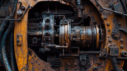 Close-up of a rusty industrial machine component showcasing intricate mechanical details.