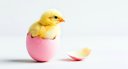 Adorable Yellow Chick Hatching from a Pink Egg Shell. Easter concept