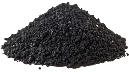 Pile of black granular activated carbon on transparent background