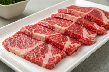 Obraz premium Prime Beef Slices: A close-up shot of succulent, fresh beef slices, neatly arranged on a white platter, ready for grilling or cooking.