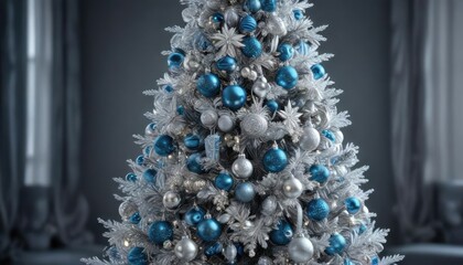 Icy blue and silver tinsel Christmas tree with glittering ornaments, frosty sparkle, shimmering effect, frosty ambiance
