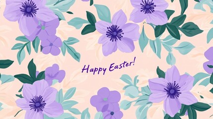 "Happy Easter!" text in purple, on a light pink background with a mint green floral pattern. 