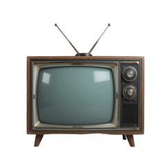 Vintage television set with a wooden frame, retro dials, and antenna, isolated on a white background. The blank screen and nostalgic design evoke mid-20th-century technology.