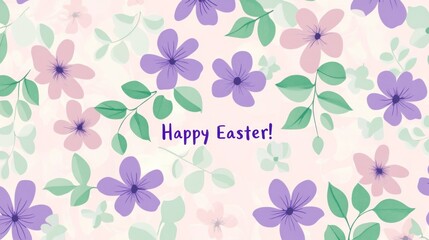 "Happy Easter!" text in purple, on a light pink background with a mint green floral pattern. 