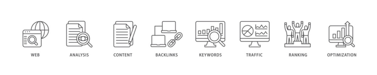 SEO icon set flow process which consists of website, analysis, content, backlinks, keywords, traffic, ranking, and optimization icon live stroke and easy to edit .