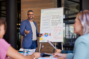 Happy mature businessman presenting plan to his business team