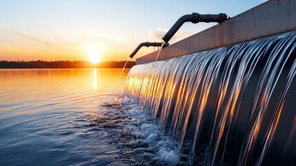 A serene lakeside hydroelectric station with water cascading down in soft ripples reflecting the hues of a breathtaking sunset in a dreamlike watercolor.