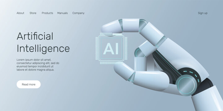 Web banner with robot hand holding processor, technology, machine learning, neural network, Artificial Intelligence (AI) landing page concept.
