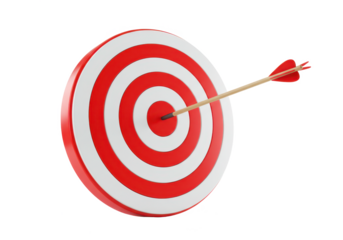 A red and white target with an arrow precisely hitting the center, isolated on a white background