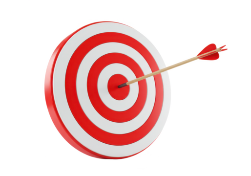 A red and white target with an arrow precisely hitting the center, isolated on a white background