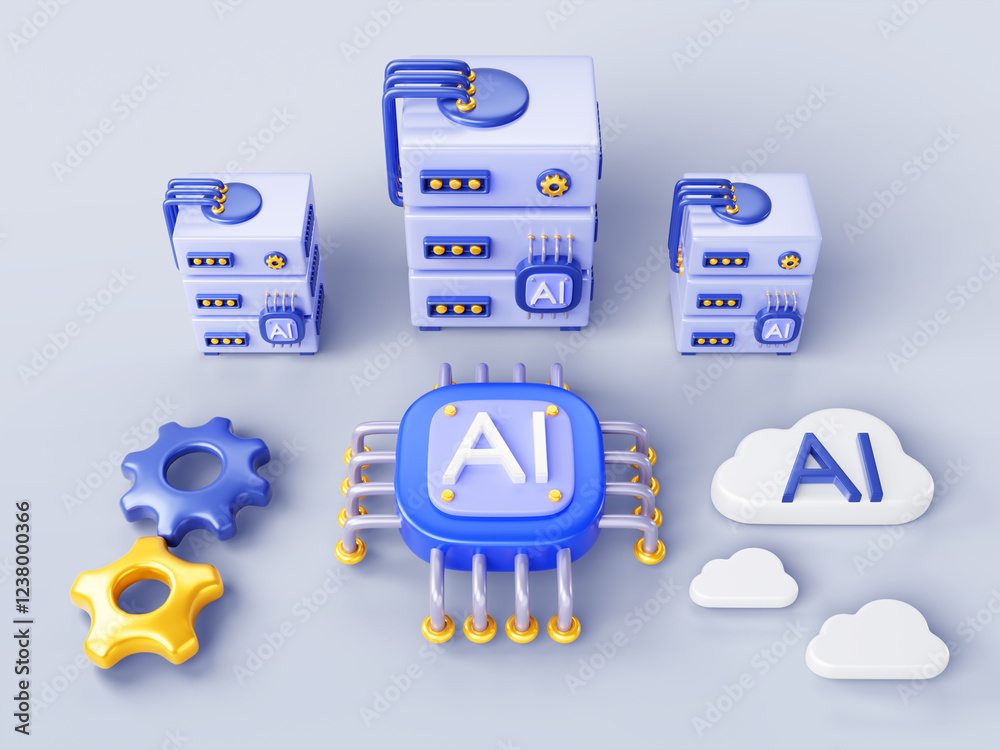 Poster 3d Artificial intelligence technology banner. AI computer server, cloud computing, microchip render blue background. Machine learning, big data, infrastructure cloud platform service. 3D illustration