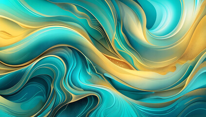Abstract Fluid Art with Gold and Turquoise Waves, Luxurious Modern Digital Painting, Dynamic Flowing Lines, Elegant Swirl Pattern, Vibrant Artistic Background for Contemporary Interior and Design