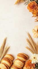 Francophonie Month, Rustic Bakery Arrangement with Pastries and Colorful Floral Accents on a Neutral Background