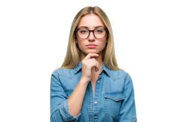 A young woman with blonde hair, wearing glasses and a denim shirt, holding her chin in a thoughtful pose. The image is isolated on a white background
