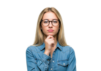 A young woman with blonde hair, wearing glasses and a denim shirt, holding her chin in a thoughtful pose. The image is isolated on a white background