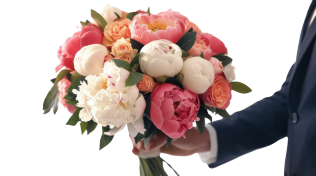 Groom holding beautiful bridal bouquet with pink and white peonies on transparent background