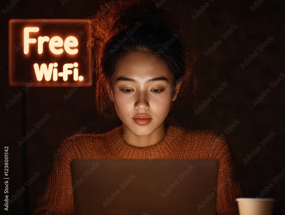 Aufkleber cozy tech focus young asian woman, 28, engaged in cybersecurity task on laptop in ambient cafe - sec