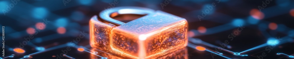 Poster Futuristic Digital Privacy Visualization Holographic Padlock with Cyber Grid - Secure Cloud Computing Solutions and Data Protection for Tech Leadership and Cybersecurity Strategy