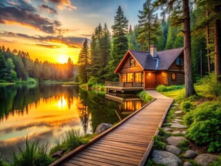 Architectural gem: wooden cabin, forest trail, scenic lake views.