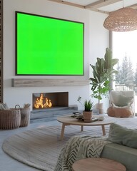 A modern living room with a green screen TV, fireplace, and plants.