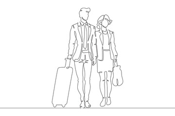 Continuous one line drawing passengers with luggage.Travelers with suitcases and bags.Family going on vacation.Tourism.Travel.One continuous line isolated minimal illustration.Not AI.