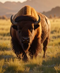 In the golden light of sunrise, a bison roams freely across the vast, untouched prairie grass, animal roaming, prairie, wild west