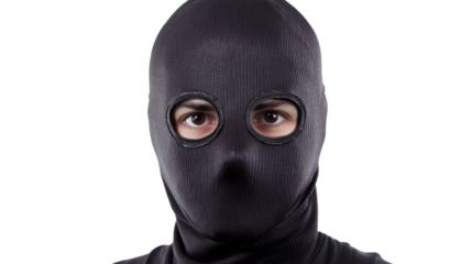 Thief wearing balaclava looking at you on transparent background
