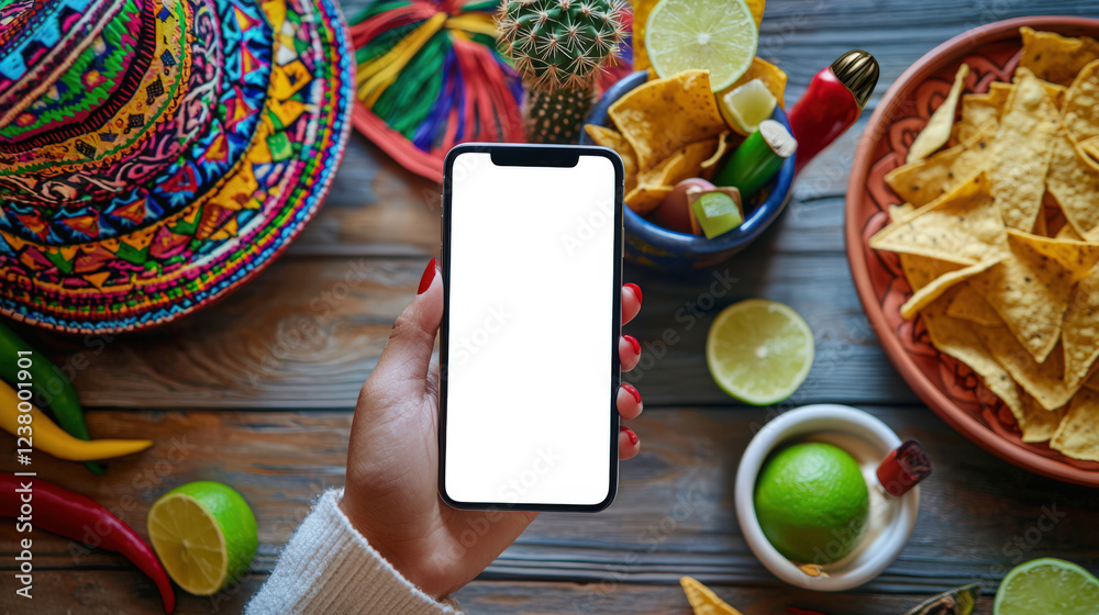 Wall mural A white woman holds a cell phone with a white screen in her hand against the background of a table with Mexican symbols of the Cinco de Mayo celebration. View from above. Phone mockup