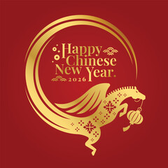 Happy Chinese New Year - 2026 Text in Gold horse zodiac flying and hold lantern with body circle curve line frame sign on red background vector design