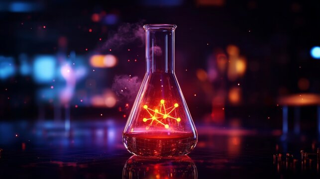 Glowing atomic structure in a laboratory beaker, futuristic science background with abstract molecular connections and high-tech energy particles representing chemistry, physics, and scientific innova