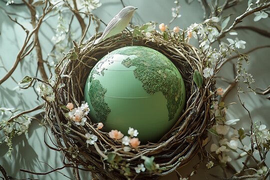 Photorealistic green globe resting within a delicate birda??s nest of twigs and flowers, symbolizing care and protection.