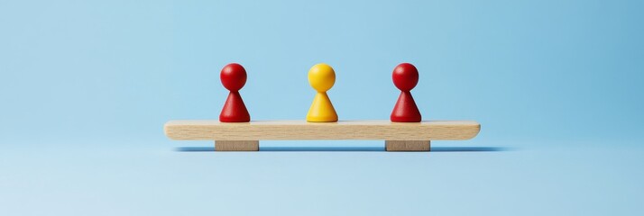 Three game pieces on a wooden balance. One yellow piece is in the middle.