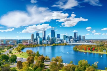 Obraz premium Perth city skyline reflecting in swan river under blue sky on a sunny day